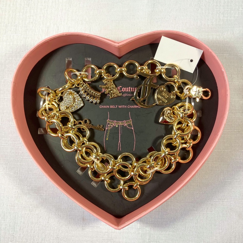 NIB Juicy Couture Chain Belt With Charms, Goldtone In Heart-Shaped Box, Size S/M